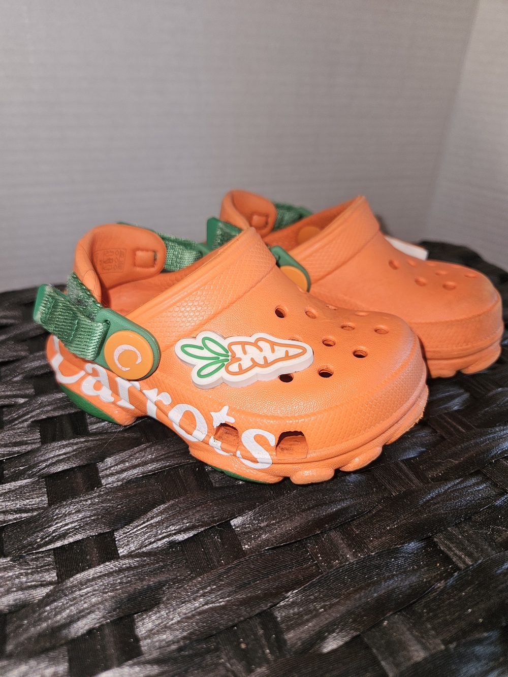 CROCS Kids Orange Clogs with Green Strap and Carrot Charm